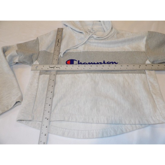 Champion Reverse Weave Vintage Hoodie Womens Medium Cropped Top Logo Gray Spello - Picture 8 of 11